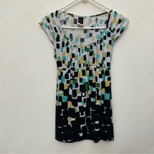 Wrapper Green, Teal, Yellow Cap Sleeve Stretchy Geometric Print Top Size Small